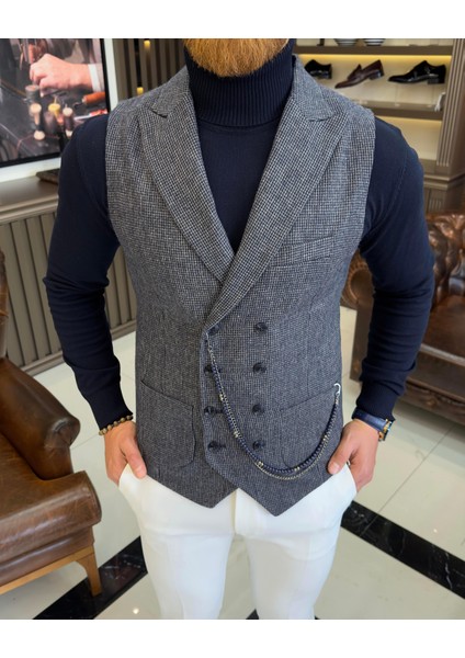 İtalyan stil slim fit kruvaze kaşe cepken yelek lacivert T10634