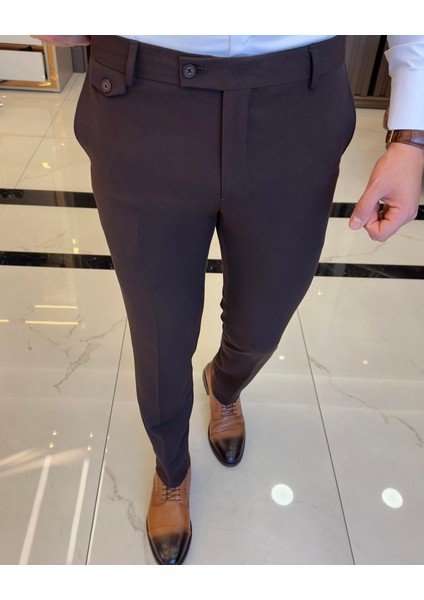 İtalyan stil slim fit kalın kumaş erkek pantolon kahverengi T9899