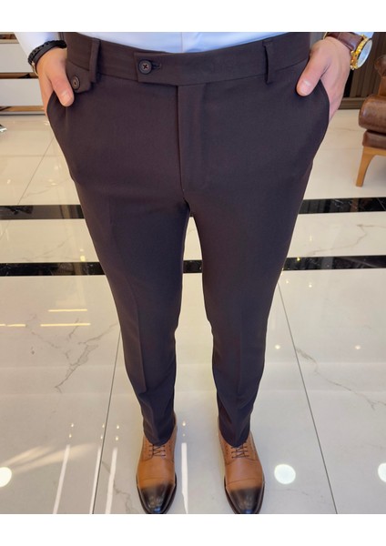 İtalyan stil slim fit kalın kumaş erkek pantolon kahverengi T9899 fiyatları