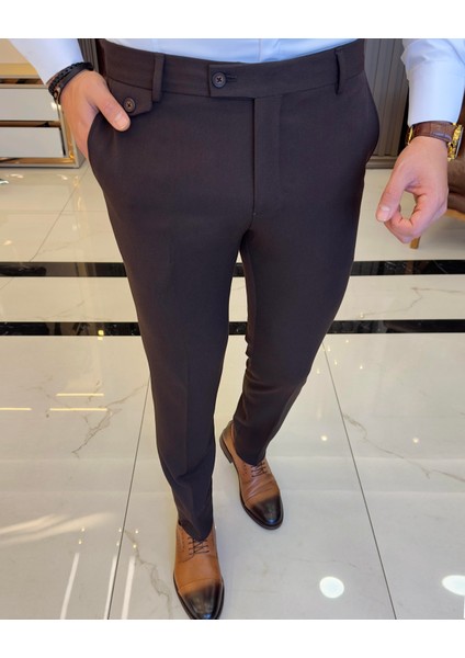 İtalyan stil slim fit kalın kumaş erkek pantolon kahverengi T9899 modelleri
