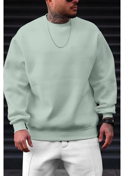 Erkek Mint Yeşili Basic 0 Sıfır Yaka Baskısız Düz Oversize Salaş Bol Kesim Polar Sweatshirt