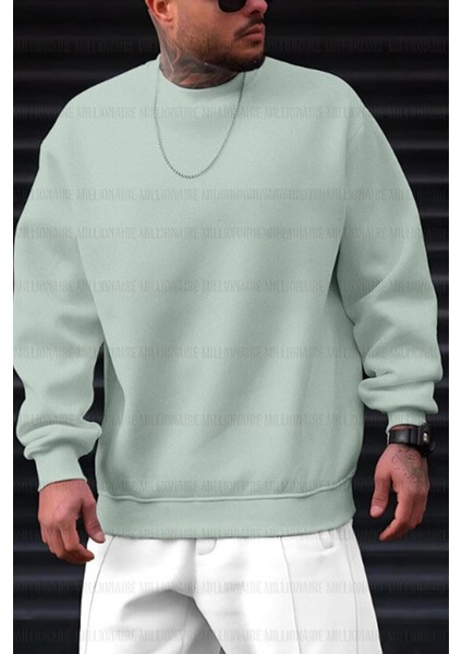 Erkek Mint Yeşili Basic 0 Sıfır Yaka Baskısız Düz Oversize Salaş Bol Kesim Polar Sweatshirt fiyatları