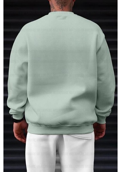Erkek Mint Yeşili Basic 0 Sıfır Yaka Baskısız Düz Oversize Salaş Bol Kesim Polar Sweatshirt modelleri