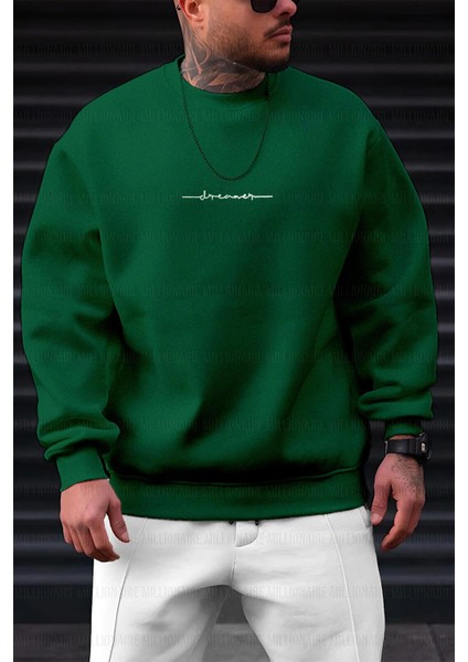 Erkek Bntn Yeşil Dreamer Baskılı 0 Sıfır Yaka Oversize Salaş Bol Kesim Polar Sweatshirt