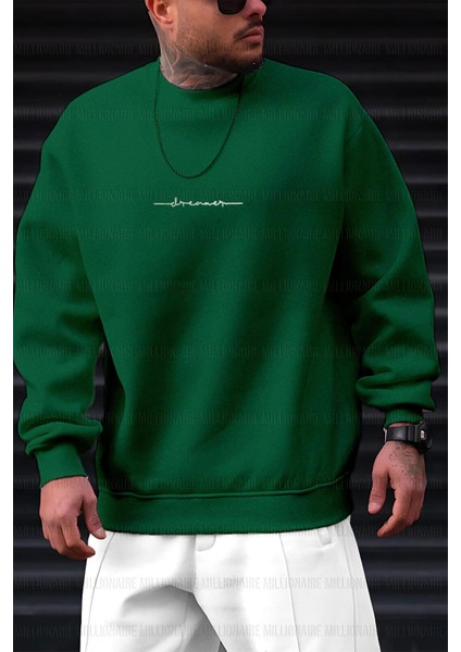Erkek Bntn Yeşil Dreamer Baskılı 0 Sıfır Yaka Oversize Salaş Bol Kesim Polar Sweatshirt modelleri