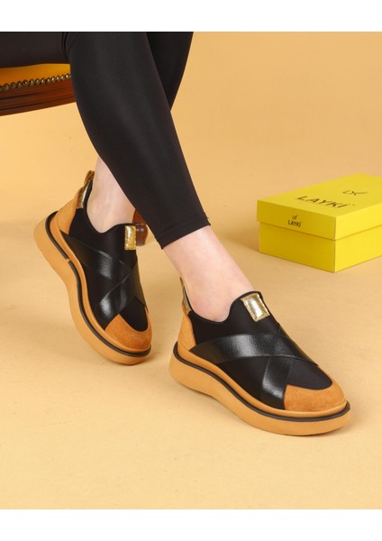 Nesica Siyah ve Taba Renkli Lastikli Paraşüt Kumaş Yürüyüş Ayakkabısı