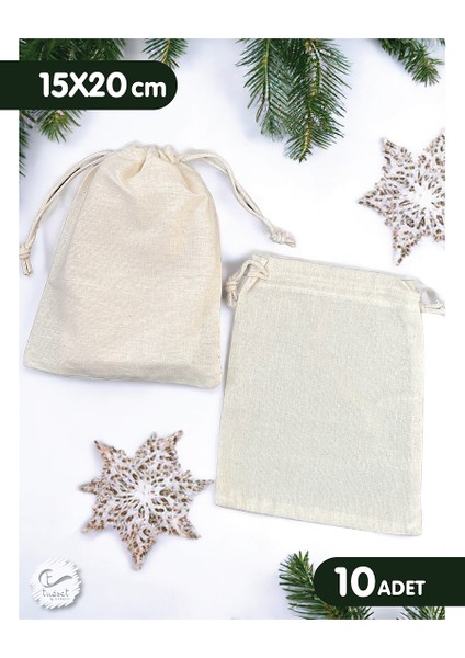 Bağcıklı Krem Ham Bez Kese- 15X20 cm 10 Adet Takı, Çerez, Kına, Hediyelik Sabun KESESI-T875