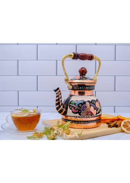 1,3 Litre El Işlemeli Nostaljik Tekli Kalaylı Bakır Demlik, Çaydanlık, Su Isıtıcısı