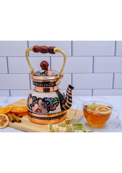 1,3 Litre El Işlemeli Nostaljik Tekli Kalaylı Bakır Demlik, Çaydanlık, Su Isıtıcısı
