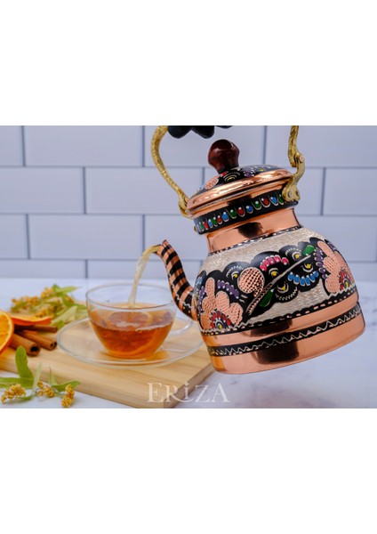 1,3 Litre El Işlemeli Nostaljik Tekli Kalaylı Bakır Demlik, Çaydanlık, Su Isıtıcısı