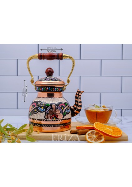1,3 Litre El Işlemeli Nostaljik Tekli Kalaylı Bakır Demlik, Çaydanlık, Su Isıtıcısı