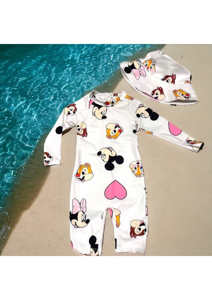 Unisex Çocuk Mayo Yarım Vücut Güneş Koruma Hassas Ten Sevimli Mickey Baskı Desen Mayo Şapka Hediyeli