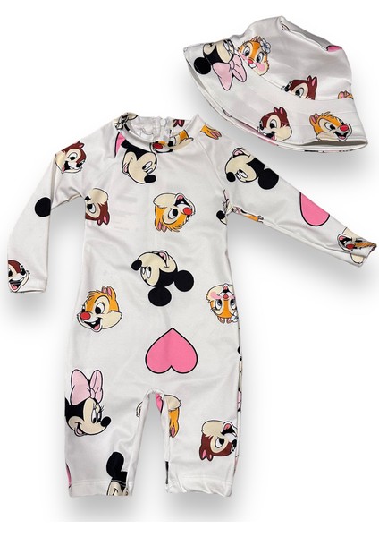 Unisex Çocuk Mayo Yarım Vücut Güneş Koruma Hassas Ten Sevimli Mickey Baskı Desen Mayo Şapka Hediyeli modelleri