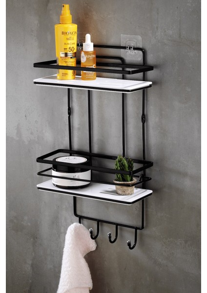 Yapışkanlı Ömür Boyu Paslanmaz Kristal Ayarlanabilir Raf Banyo Düzenleyici Şampuanlık Siyah - Siyah Lş-02 Sbsk