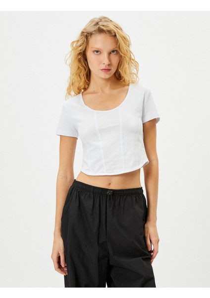 Crop Tişört Korse Görünümlü Dar Kalıp Kısa Kollu U Yaka Pamuklu modelleri