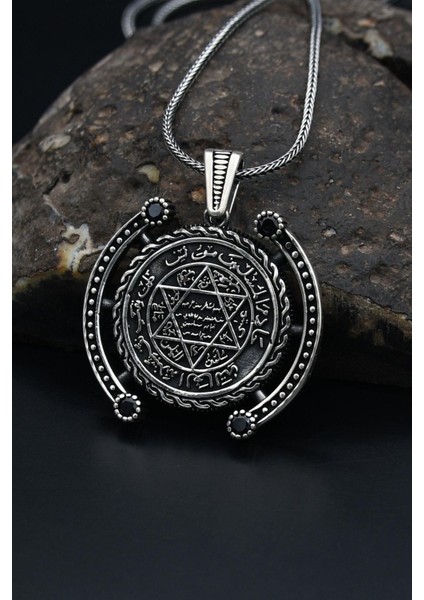 Gümüş Hz. Süleyman Mührü Gümüş Kolye Zincir 925 Ayar