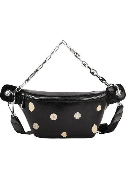 Siyah HR604 Kadın Göğüs Çantası Yeni Moda Kişiselleştirilmiş Zincir Donanım Dekorasyon Kızların Tek Omuz Crossbody Çanta Çok Yönlü Bel Çantası (Yurt Dışından) fiyatları