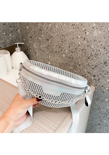 Gümüş HR503 Yeni Moda Kadın Göğüs Çantası Kişiselleştirilmiş Zincir Renkli Elmas Tek Omuz Crossbody Çanta Çok Yönlü Payet Bel Çantası (Yurt Dışından)