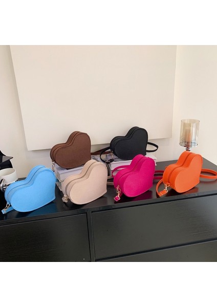 Gül Kırmızı 2023 Moda Basit Saf Renk Küçük Kalp Çanta Kadın Mini Çanta Kore Versiyonu Tarzı Omuz Crossbody Çanta (Yurt Dışından)