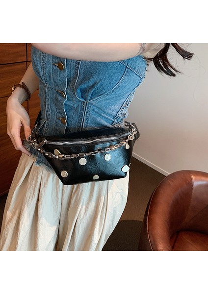 Siyah HR604 Kadın Göğüs Çantası Yeni Moda Kişiselleştirilmiş Zincir Donanım Dekorasyon Kızların Tek Omuz Crossbody Çanta Çok Yönlü Bel Çantası (Yurt Dışından) indirimleri