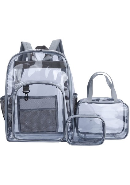 3 Takım Gri Moda Tasarımı Çift Şeffaf Pvc Set Çanta Su Geçirmez Okul Sırt Çantası Unisex Büyük Kapasiteli Katı Kadın Şeffaf Sırt Çantası (Yurt Dışından)