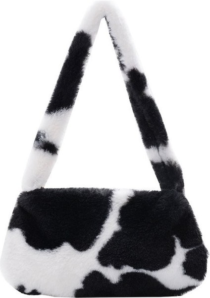 Büyük Inek Siyah Özelleştirilebilir Moda Sevimli Baskılı Mini Omuz Çantası Kadın Kış Peluş Çanta Hayvan Desen Tote Çanta (Yurt Dışından)