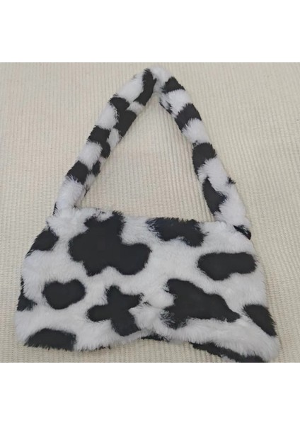 Büyük Inek Siyah Özelleştirilebilir Moda Sevimli Baskılı Mini Omuz Çantası Kadın Kış Peluş Çanta Hayvan Desen Tote Çanta (Yurt Dışından)