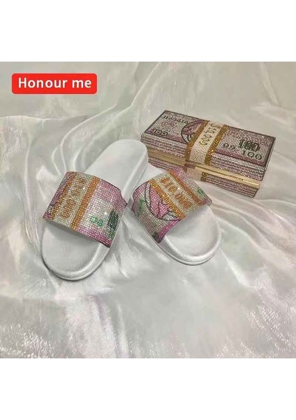Pembe (Isteğe Bağlı Çanta Rengi 6 Kristal Para Çanta Terlik Setleri Kadınlar Için Moda Yeni Tasarım Bayan Terlik Bling Usd Para Pbag ile (Yurt Dışından)