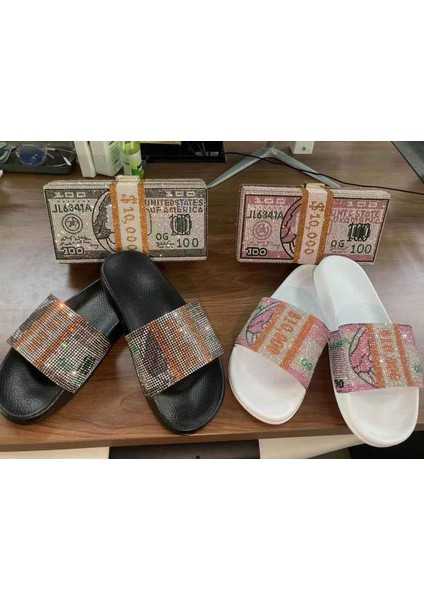Pembe (Isteğe Bağlı Çanta Rengi 6 Kristal Para Çanta Terlik Setleri Kadınlar Için Moda Yeni Tasarım Bayan Terlik Bling Usd Para Pbag ile (Yurt Dışından) fiyatları