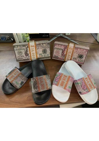 Pembe (Isteğe Bağlı Çanta Rengi 6 Kristal Para Çanta Terlik Setleri Kadınlar Için Moda Yeni Tasarım Bayan Terlik Bling Usd Para Pbag ile (Yurt Dışından) modelleri