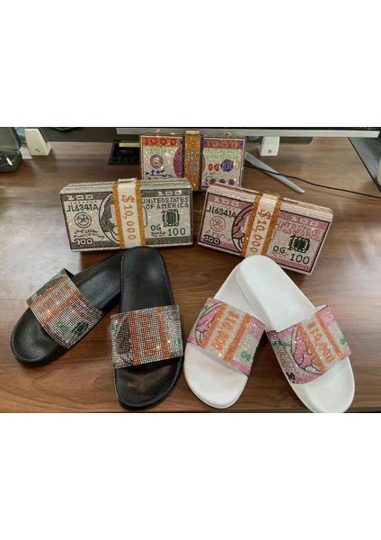 Pembe (Isteğe Bağlı Çanta Rengi 6 Kristal Para Çanta Terlik Setleri Kadınlar Için Moda Yeni Tasarım Bayan Terlik Bling Usd Para Pbag ile (Yurt Dışından) fırsatları
