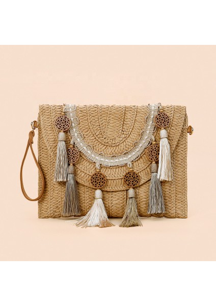 Stil 6-2 Fabrika Hasır Omuz Çantası Kadın El Yapımı Dokuma Crossbody Çanta Yaz Plaj Zarf Çanta Cüzdan Kadın Manşonlar Püsküller (Yurt Dışından) fiyatları