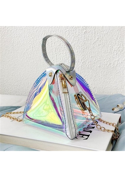 Gümüş Mini Küçük Çanta Kadın 2022 Yeni Üçgen Zongzi Lazer Çanta Sevimli Tek Omuz Zinciri Crossbody Pvc Çanta (Yurt Dışından)