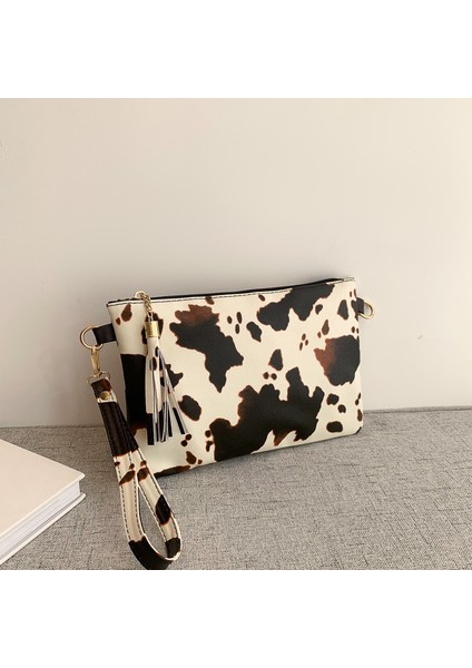1 Yeni Kişiselleştirilmiş Leopar Baskı Saklama Çantası Püskül ile Kadın Moda Inek Baskılı Çanta Pu El Çantası Kadınlar Için (Yurt Dışından)