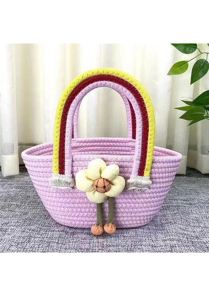 Pembe 1 Bolsos De Mujer Yeni Moda Çiçek Gökkuşağı Çanta Pamuk Halat Dokuma Çanta Düğün Hediyesi Joker Çanta (Yurt Dışından)