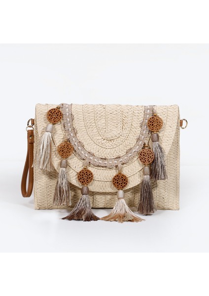 L-Bej Yeni Varış Hasır Saçaklı Flap Nakış Vintage Doğal Çanta Debriyaj Saman Crossbody Çanta (Yurt Dışından)