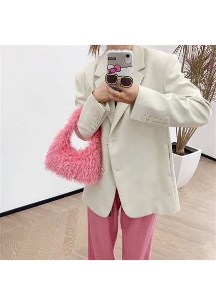 Pembe Şeker Renk Kabarık Taklit Kürk Çanta Yumuşak Sıcak Peluş Çanta Tasarımcısı Kadınlar Için Kürk Çanta (Yurt Dışından) fırsatları