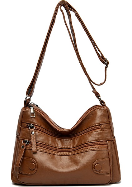 Sarı Kahverengi Vejetaryen Deri Crossbody Çanta Yeni Moda Yumuşak Pu Deri Retro Kadın Çanta Fermuar Crossbody Çanta (Yurt Dışından)