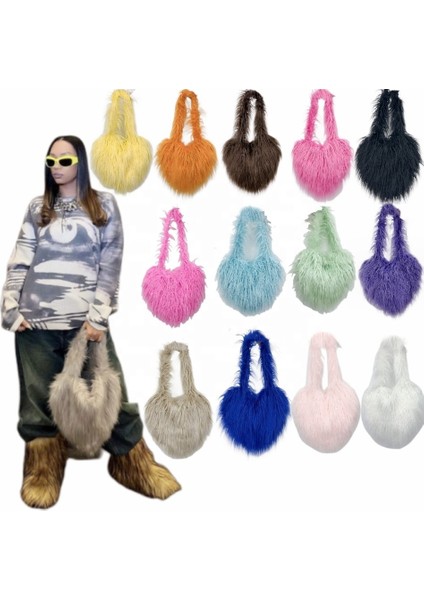 Renk 5 Yeni Kişilik Lüks Kalp Şekli Kürklü Tote Çanta Peluş Kabarık Aşk Crossbody Çanta Bayanlar Kızlar Için Polar Kürk Omuz Çantası (Yurt Dışından) fiyatları