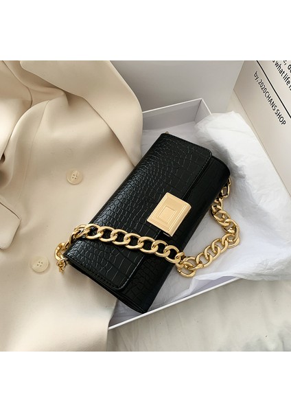 Siyah Koltuk Altı Çanta Kadın 2023 Moda Küçük Kare Çanta Retro Omuz Crossbody Çanta Zincir Timsah Mini Çanta (Yurt Dışından)