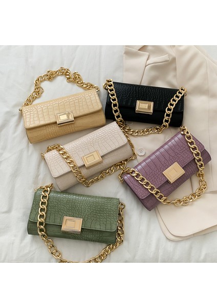 Siyah Koltuk Altı Çanta Kadın 2023 Moda Küçük Kare Çanta Retro Omuz Crossbody Çanta Zincir Timsah Mini Çanta (Yurt Dışından)