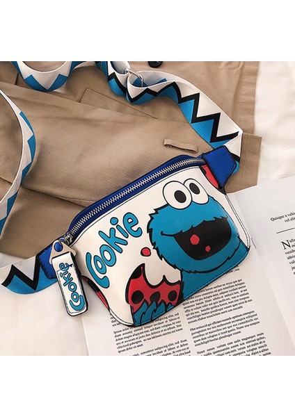 Mavi Karikatür Göğüs Çantası Kadın 2023 Yeni Pu Messenger Çanta Ins Punk Bel Çantası (Yurt Dışından)