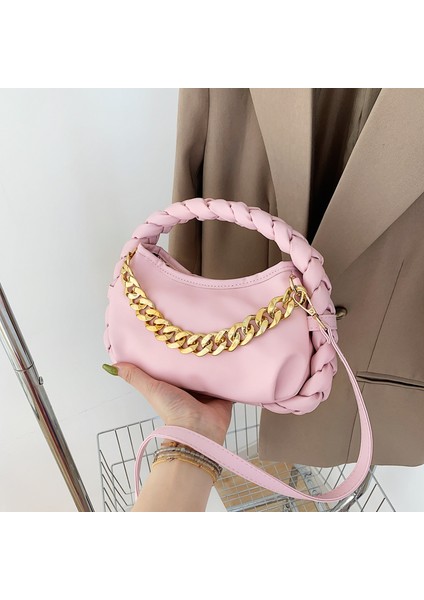 Pembe Zincir Çanta Yeni Trendy Pu Deri Crossbody Çanta Örgü Kolu Düz Renk Çanta Bayan Çanta Moda Kadın Çanta Omuz (Yurt Dışından)