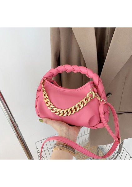 Pembe Zincir Çanta Yeni Trendy Pu Deri Crossbody Çanta Örgü Kolu Düz Renk Çanta Bayan Çanta Moda Kadın Çanta Omuz (Yurt Dışından) fırsatları