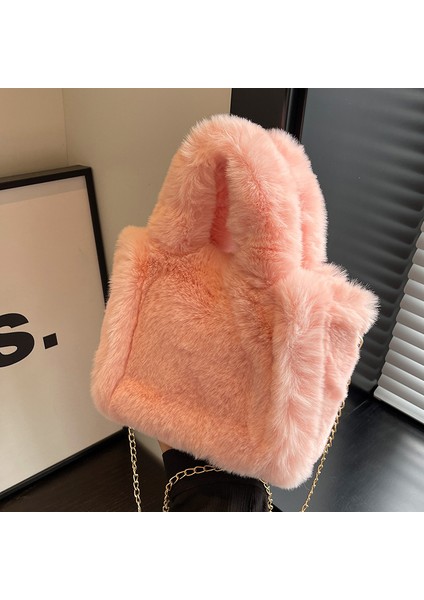 Pembe Kış Peluş Kadın Çantası Yüksek Kaliteli Peluş Deri Kadın Çanta Moda Kadın Omuz Çantası (Yurt Dışından)