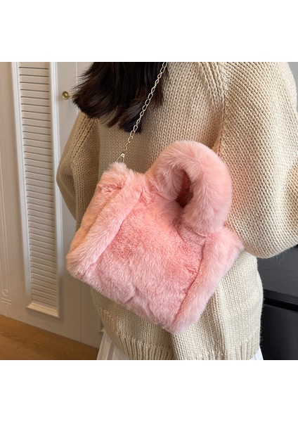 Pembe Kış Peluş Kadın Çantası Yüksek Kaliteli Peluş Deri Kadın Çanta Moda Kadın Omuz Çantası (Yurt Dışından) indirimleri