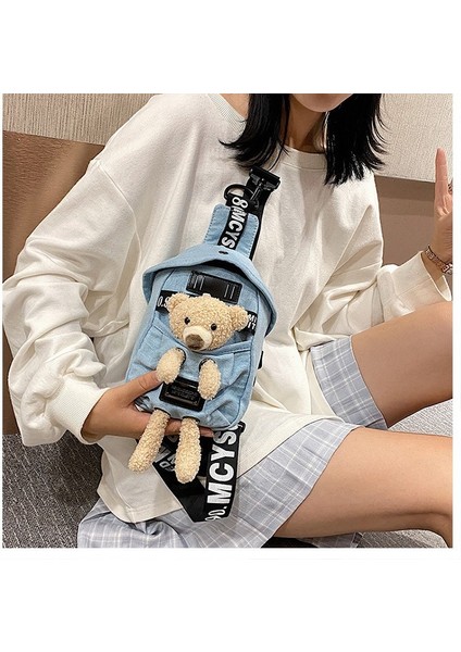 Açık Mavi Sığır ZR376 Denim Kadın 2023 Yeni Japon Sevimli Ayı Bir Omuz Göğüs Çantası Trendy Serin Işık Karikatür Crossbody Telefon Çantası (Yurt Dışından) fiyatları