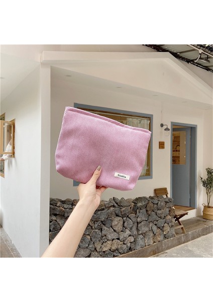 Lotus Kökü Pembe Kadın Katı Basit Kadife Makyaj Çantası Moda Büyük Kapasiteli Taşınabilir Fermuarlı Kozmetik Çantası Pratik Depolama Kılıfı Debriyaj Çantaları (Yurt Dışından)