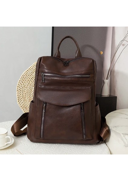Kahve Moda Kadın Sırt Çantası Lüks Tasarımcı Bayanlar Yüksek Kaliteli Deri Seyahat Çantaları Okul Gençler Için Büyük Kapasiteli Sırt Çantaları (Yurt Dışından)