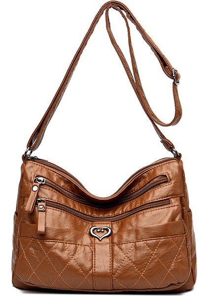Sarı Kahverengi Vejetaryen Deri Crossbody Çanta Yeni Moda Yumuşak Pu Deri Retro Kadın Çanta Fermuar Crossbody Çanta (Yurt Dışından)